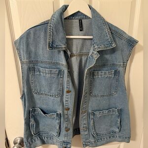 Oversized Denim Sleeveless Vest with Pockets